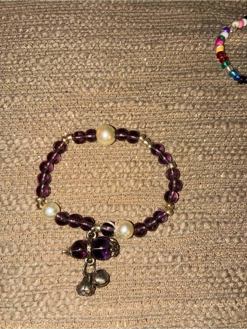 Purple amethyst Beaded Charm Bracelet with Pearl Accents and bells